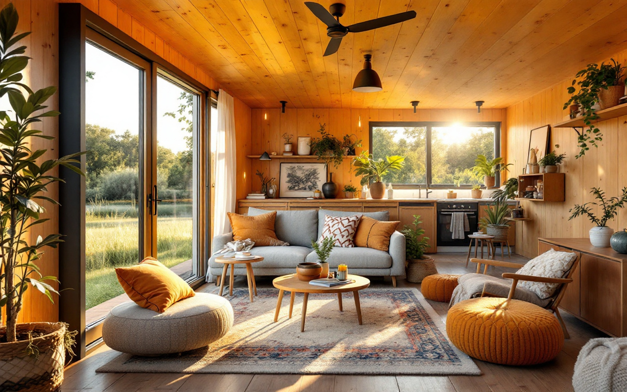 Image d'un conteneur moderne transformé en un espace de vie confortable, avec des intérieurs en bois chaleureux, des meubles confortables et des textiles doux, entouré de verdure et baigné de lumière naturelle, créant une ambiance chaleureuse au coucher du soleil.