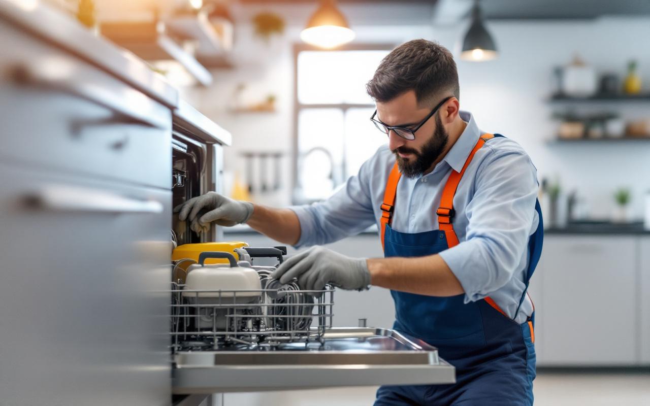 Un technicien vérifie les composants d'un lave-vaisselle dans une cuisine bien éclairée, avec des détails sur les pièces et les outils utilisés.