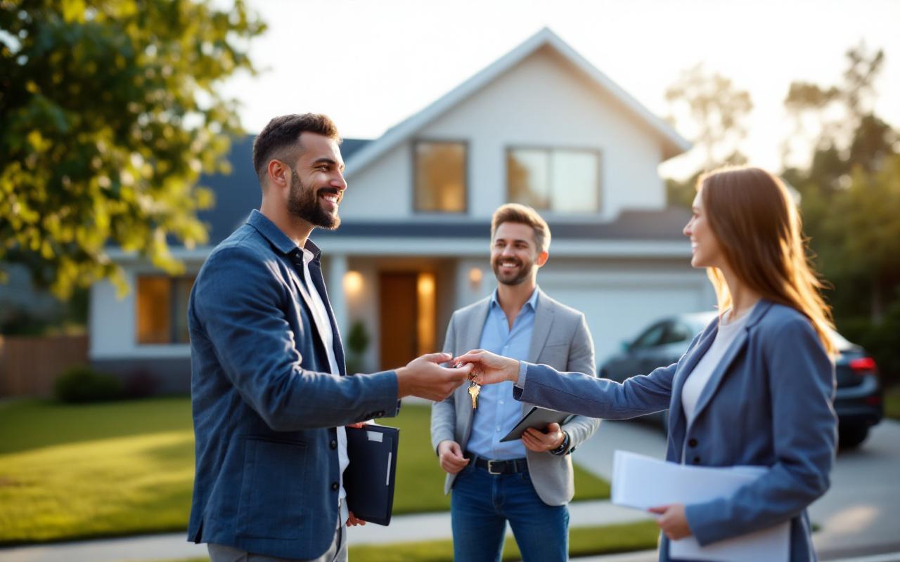Un agent immobilier tend un trousseau de cl&eacute;s au propri&eacute;taire devant une maison moderne avec pelouse entretenue et porte d'entr&eacute;e ouverte, dans une lumi&egrave;re douce et chaleureuse du soir, ambiance accueillante et naturelle.