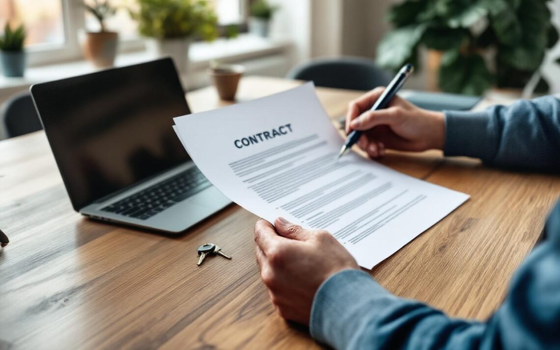 un-proprietaire-a-une-table-en-bois-dans-un-salon-cosy-examinant-un-contrat-de-location-gros-plan-sur-les-mains-tenant-le-bail-et-un-stylo-avec-des-cles-un-ordinateur-portable-et-une-tasse-de