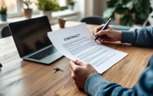 un-proprietaire-a-une-table-en-bois-dans-un-salon-cosy-examinant-un-contrat-de-location-gros-plan-sur-les-mains-tenant-le-bail-et-un-stylo-avec-des-cles-un-ordinateur-portable-et-une-tasse-de