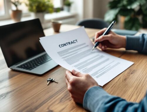 un-proprietaire-a-une-table-en-bois-dans-un-salon-cosy-examinant-un-contrat-de-location-gros-plan-sur-les-mains-tenant-le-bail-et-un-stylo-avec-des-cles-un-ordinateur-portable-et-une-tasse-de