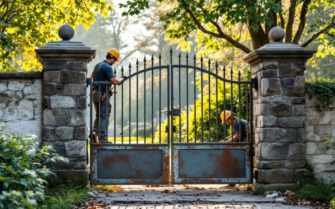 Deux ouvriers enlèvent un vieux portail battant rouillé devant des piliers en pierre protégés par des protections en mousse, équipement de sécurité visible, outils et débris autour, éclairage chaud et volumétrique en fin d'après-midi.