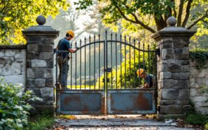 Deux ouvriers enlèvent un vieux portail battant rouillé devant des piliers en pierre protégés par des protections en mousse, équipement de sécurité visible, outils et débris autour, éclairage chaud et volumétrique en fin d'après-midi.