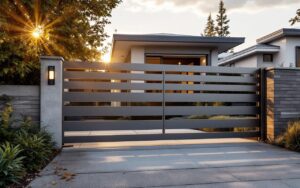 Portail d'entrée moderne en aluminium à lames horizontales, finition gris anthracite et argentée, installé devant une allée en béton bordée de végétation, éclairé par une lumière chaude de coucher de soleil avec de légers rayons volumétriques, textures réalistes.