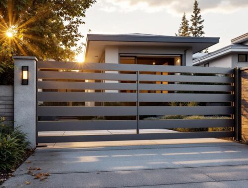 Portail d'entrée moderne en aluminium à lames horizontales, finition gris anthracite et argentée, installé devant une allée en béton bordée de végétation, éclairé par une lumière chaude de coucher de soleil avec de légers rayons volumétriques, textures réalistes.