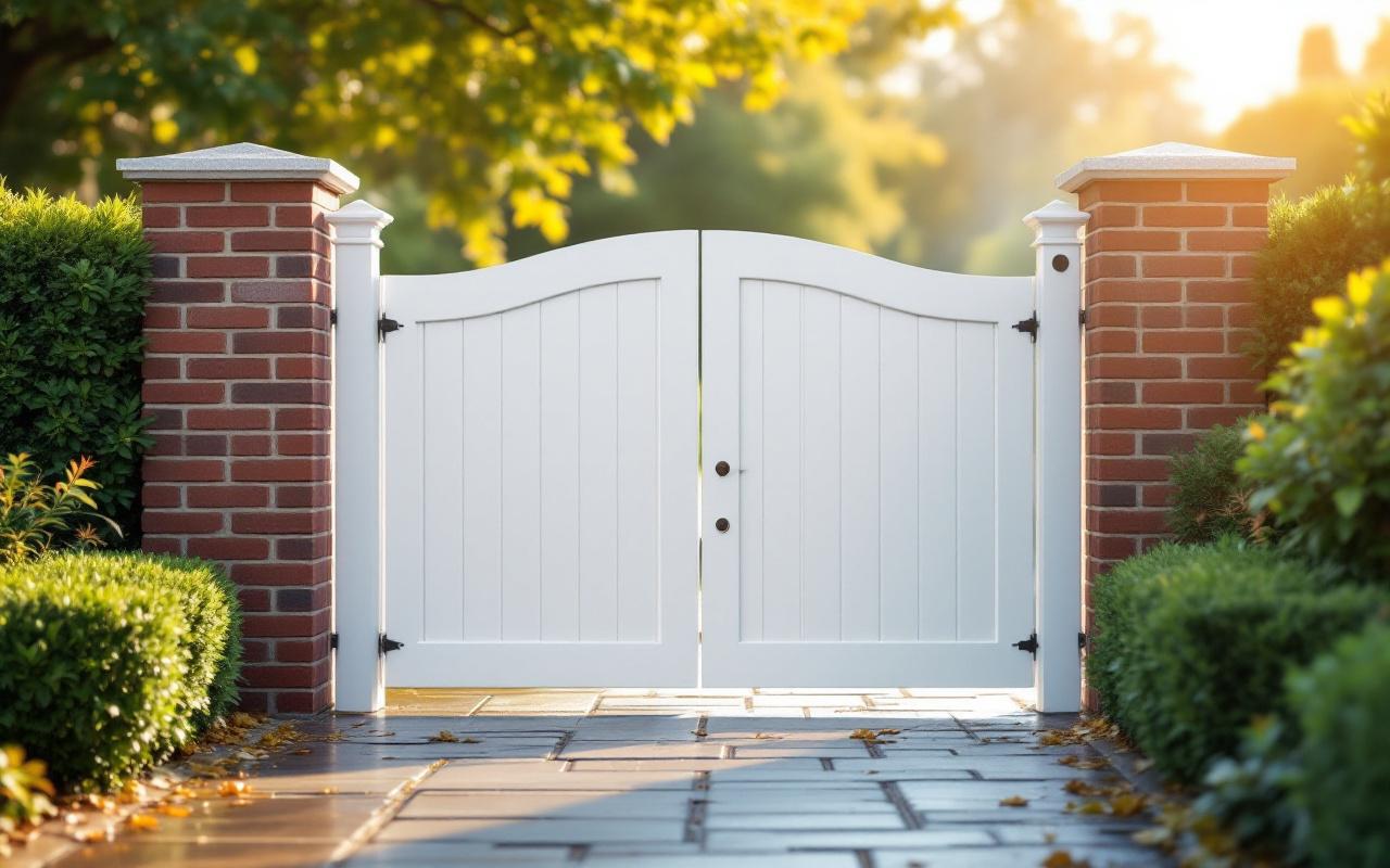 Portail de jardin en PVC blanc à l'entrée d'une maison de banlieue, encadré par des piliers en brique et des haies taillées, chemin pavé, lumière matinale douce.