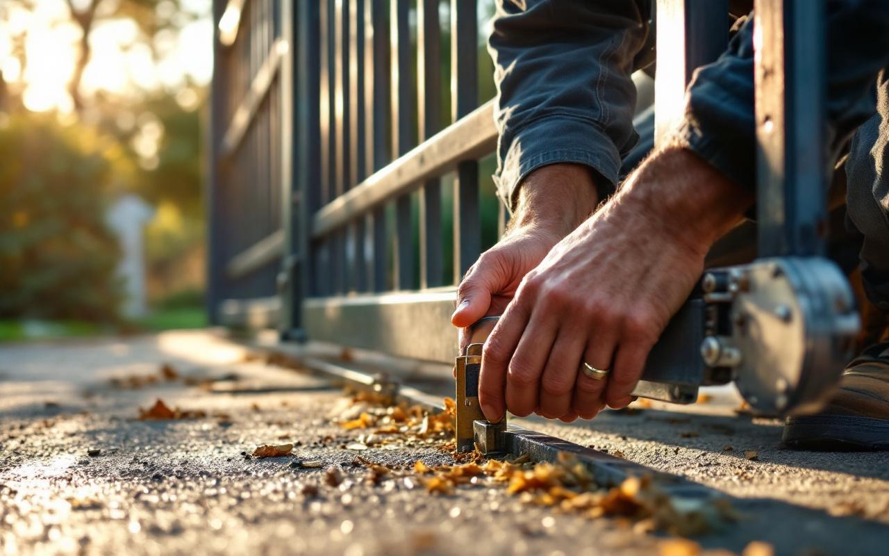 Technicien agenouillé sur l'allée d'une maison, ajustant les vantaux d'un portail avec des cales et vérifiant les charnières à l'aide d'outils, gros plan sur les mains, portail métallique patiné, lumière chaude du soir, couleurs dominantes vertes et gris chaud.