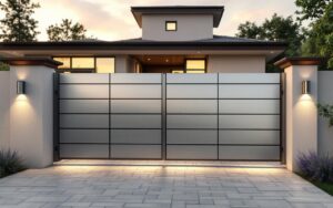 Photographie réaliste d'un portail moderne en aluminium assorti à la façade, panneaux brossés et poignée intégrée, façade minimaliste en enduit et bois, allée pavée avec jardinière, lumière douce de coucher de soleil