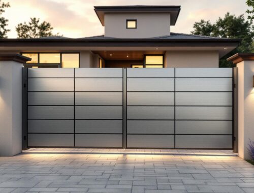 Photographie réaliste d'un portail moderne en aluminium assorti à la façade, panneaux brossés et poignée intégrée, façade minimaliste en enduit et bois, allée pavée avec jardinière, lumière douce de coucher de soleil