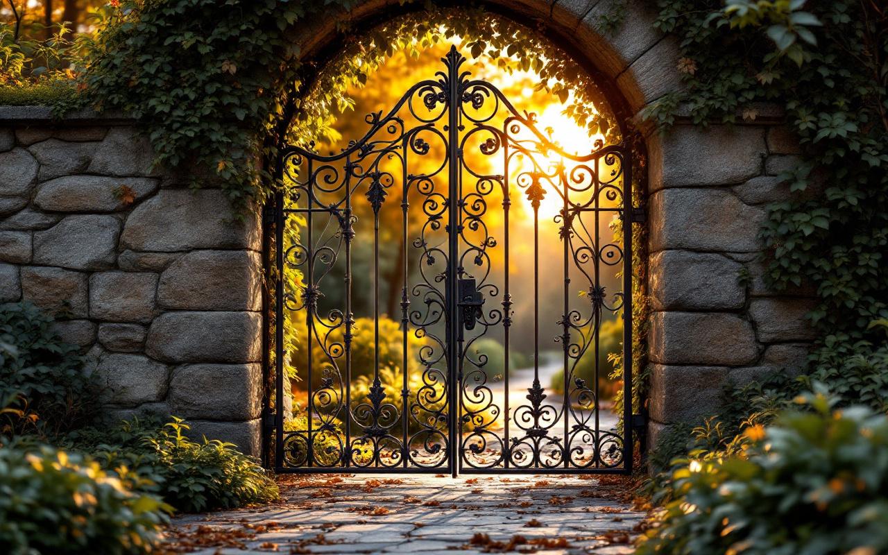 Porte en fer forgé élégante adossée à un mur de pierre ancien, volutes détaillées, mousse et lierre, éclairée par la lumière chaude d'un coucher de soleil, ambiance naturelle et réaliste.