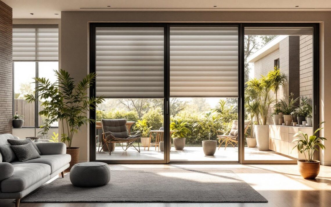 Salon moderne avec grandes portes-fenêtres coulissantes et volets roulants extérieurs à moitié fermés. La lumière matinale volumétrique filtre à travers les volets, éclairant un mobilier contemporain aux tons bois chauds, gris et beige, avec un tapis doux et des plantes en pot, ambiance calme et lumineuse.