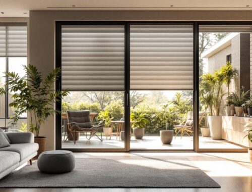 Salon moderne avec grandes portes-fenêtres coulissantes et volets roulants extérieurs à moitié fermés. La lumière matinale volumétrique filtre à travers les volets, éclairant un mobilier contemporain aux tons bois chauds, gris et beige, avec un tapis doux et des plantes en pot, ambiance calme et lumineuse.