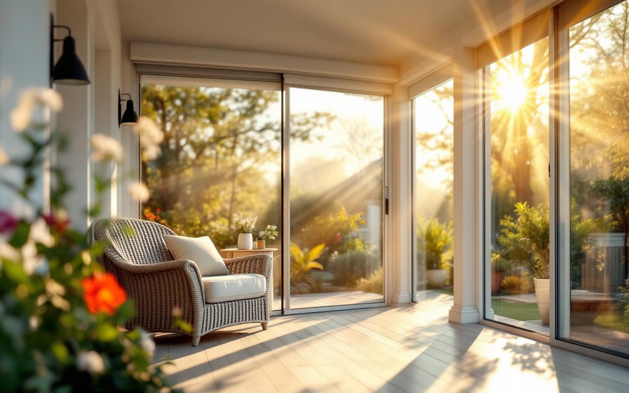Véranda avec volets roulants en aluminium complètement baissés pour bloquer un fort soleil d'été, lumière dorée filtrée entre les lames, intérieur partiellement ombragé, aperçu d'un jardin vert à l'extérieur.