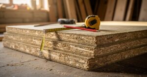 Panneaux de fibre de bois empilés sur un chantier d'isolation