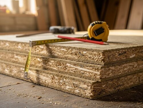 Panneaux de fibre de bois empilés sur un chantier d'isolation