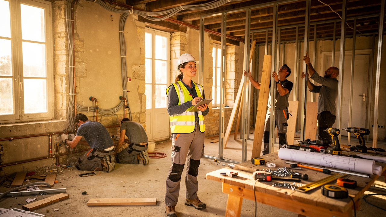 Rénovation intérieure dans une maison angevine : un chef de chantier et des artisans installent des cloisons, raccordent la plomberie et l’électricité, dans une pièce partiellement rénovée avec outils et matériaux.