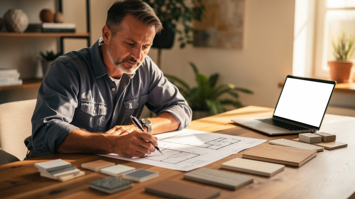 Un homme compare des devis de rénovation sur une table avec des plans, des échantillons de matériaux et un ordinateur portable.