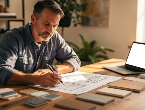 Un homme compare des devis de rénovation sur une table avec des plans, des échantillons de matériaux et un ordinateur portable.