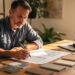 Un homme compare des devis de rénovation sur une table avec des plans, des échantillons de matériaux et un ordinateur portable.