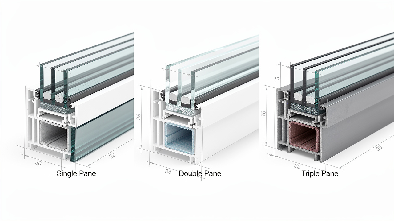 Comparaison visuelle côte à côte de coupes de vitrage simple, double et triple, avec représentation claire des couches de verre et de l’espace entre panneaux.
