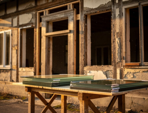 Maison ancienne en rénovation, fenêtres déposées et échantillons de double et triple vitrage disposés sur un établi dans la cour.