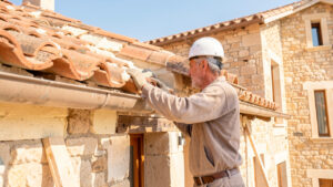 Un artisan inspecte la toiture et les murs d’une maison ancienne en rénovation thermique, dans une ambiance lumineuse.