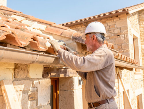 Un artisan inspecte la toiture et les murs d’une maison ancienne en rénovation thermique, dans une ambiance lumineuse.
