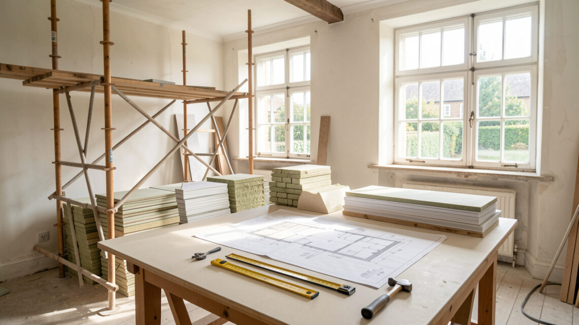 Chantier de rénovation d’une maison angevine lumineux et ordonné, avec des plans ouverts sur une table de travail, des outils et des matériaux soigneusement rangés.