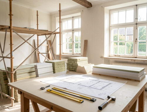 Chantier de rénovation d’une maison angevine lumineux et ordonné, avec des plans ouverts sur une table de travail, des outils et des matériaux soigneusement rangés.