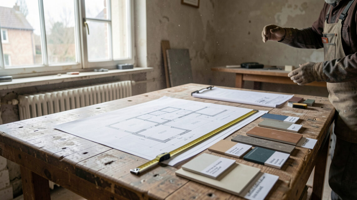 Table de chantier dans une maison en rénovation à Angers, avec plans d’architecture, mètre ruban et échantillons de matériaux, lumière naturelle et ambiance de chantier.