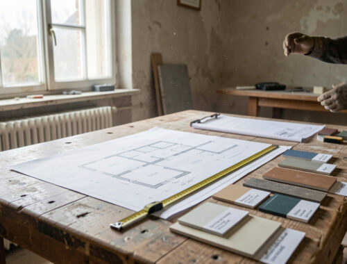 Table de chantier dans une maison en rénovation à Angers, avec plans d’architecture, mètre ruban et échantillons de matériaux, lumière naturelle et ambiance de chantier.