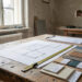 Table de chantier dans une maison en rénovation à Angers, avec plans d’architecture, mètre ruban et échantillons de matériaux, lumière naturelle et ambiance de chantier.