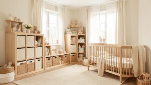 Vue d’ensemble réaliste d’une chambre de bébé lumineuse avec mobilier évolutif en bois clair, rangements organisés et décoration douce aux tons pastel.