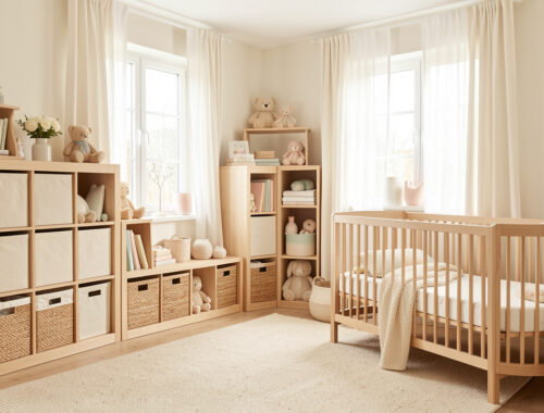 Vue d’ensemble réaliste d’une chambre de bébé lumineuse avec mobilier évolutif en bois clair, rangements organisés et décoration douce aux tons pastel.