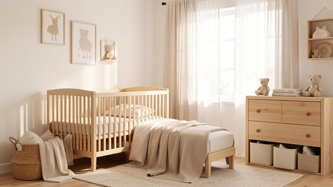 Chambre de bébé lumineuse et bien organisée avec mobilier en bois clair, rangements sobres et ambiance douce.