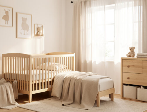 Chambre de bébé lumineuse et bien organisée avec mobilier en bois clair, rangements sobres et ambiance douce.