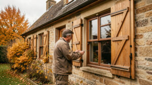 Façade d’une maison en automne avec fenêtres et volets fermés, tandis qu’un artisan inspecte les menuiseries extérieures.