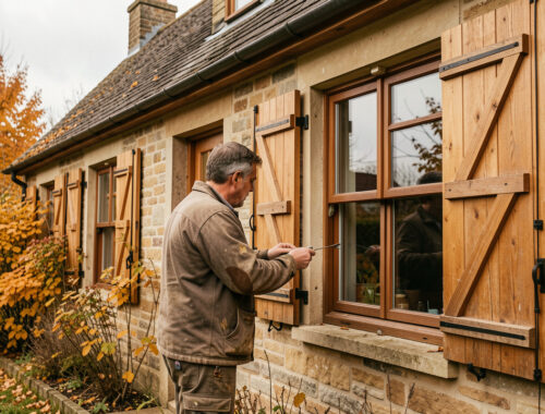 Façade d’une maison en automne avec fenêtres et volets fermés, tandis qu’un artisan inspecte les menuiseries extérieures.