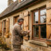 Façade d’une maison en automne avec fenêtres et volets fermés, tandis qu’un artisan inspecte les menuiseries extérieures.