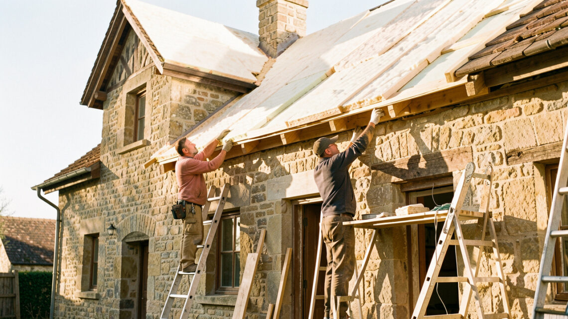 Maison ancienne en pierre en cours de rénovation thermique, avec toiture isolée et deux artisans travaillant sur une façade éclairée par le soleil.