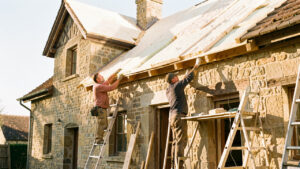 Maison ancienne en pierre en cours de rénovation thermique, avec toiture isolée et deux artisans travaillant sur une façade éclairée par le soleil.