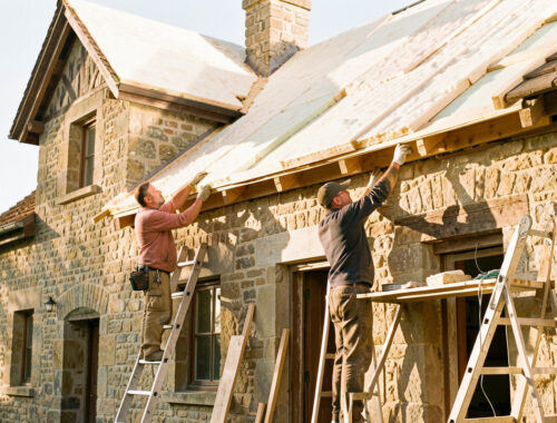 Maison ancienne en pierre en cours de rénovation thermique, avec toiture isolée et deux artisans travaillant sur une façade éclairée par le soleil.