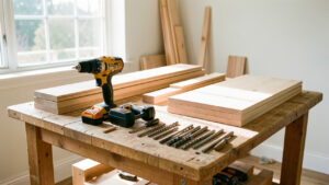 Atelier lumineux de rénovation intérieure avec une perceuse-visseuse sans fil, des batteries, des forets et des planches de bois soigneusement rangés sur un établi.
