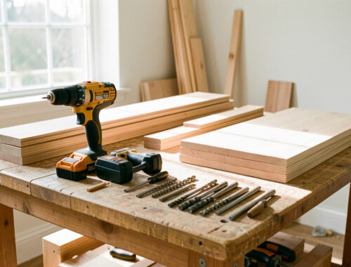 Atelier lumineux de rénovation intérieure avec une perceuse-visseuse sans fil, des batteries, des forets et des planches de bois soigneusement rangés sur un établi.