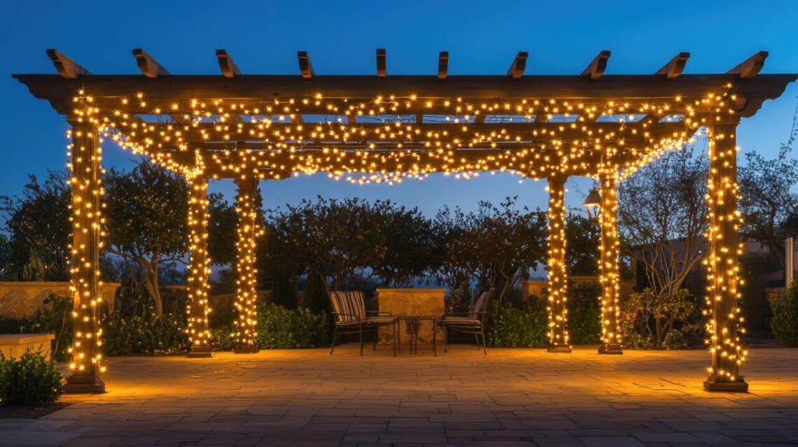Pergola de jardin éclairée par des guirlandes lumineuses au-dessus d’une terrasse.