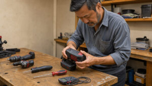 Un homme inspecte calmement un outil de bricolage débranché sur un établi lumineux, entouré d’une perceuse, d’une visseuse, d’un tournevis et d’un multimètre.