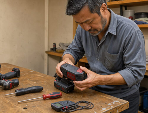 Un homme inspecte calmement un outil de bricolage débranché sur un établi lumineux, entouré d’une perceuse, d’une visseuse, d’un tournevis et d’un multimètre.