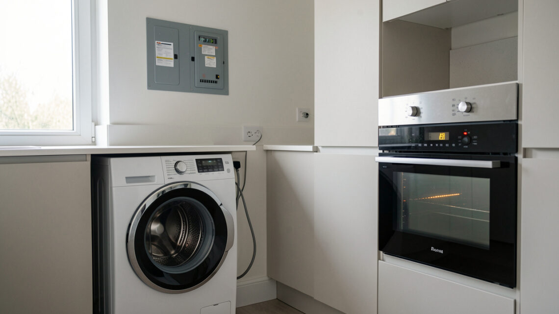 Un lave-linge et un four électriques près d’un tableau électrique domestique dont le disjoncteur est déclenché.