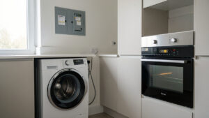 Un lave-linge et un four électriques près d’un tableau électrique domestique dont le disjoncteur est déclenché.